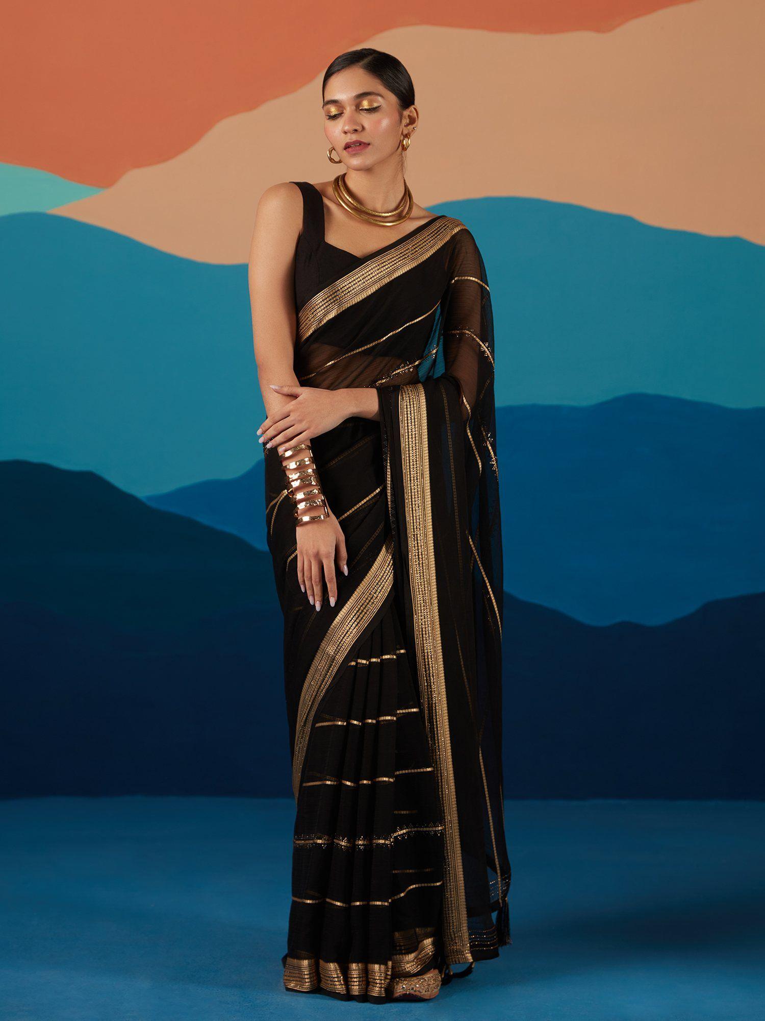 black georgette beads or stones party wear saree & unstitched blouse liksar45 (free size)