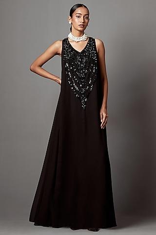black georgette crystal & tassel work maxi dress