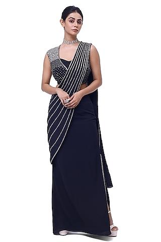 black georgette cutdana embellished draped saree set