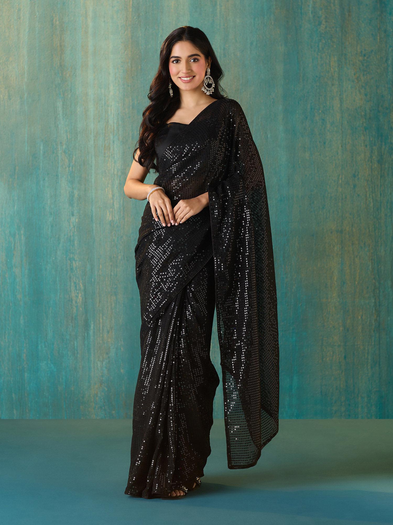 black georgette embellished and sequined saree with unstitched blouse liksar115 (free size)