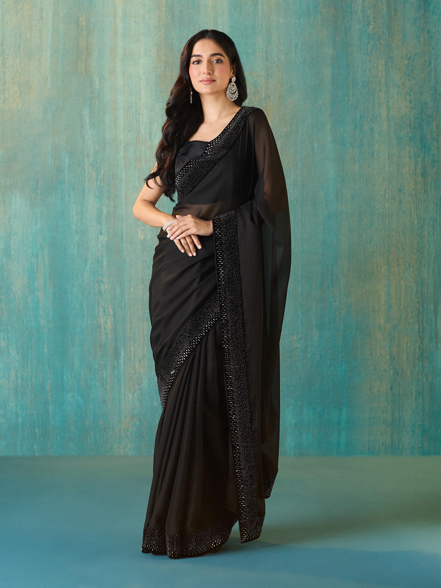 black georgette embellished and sequined saree with unstitched blouse liksar118 (free size)