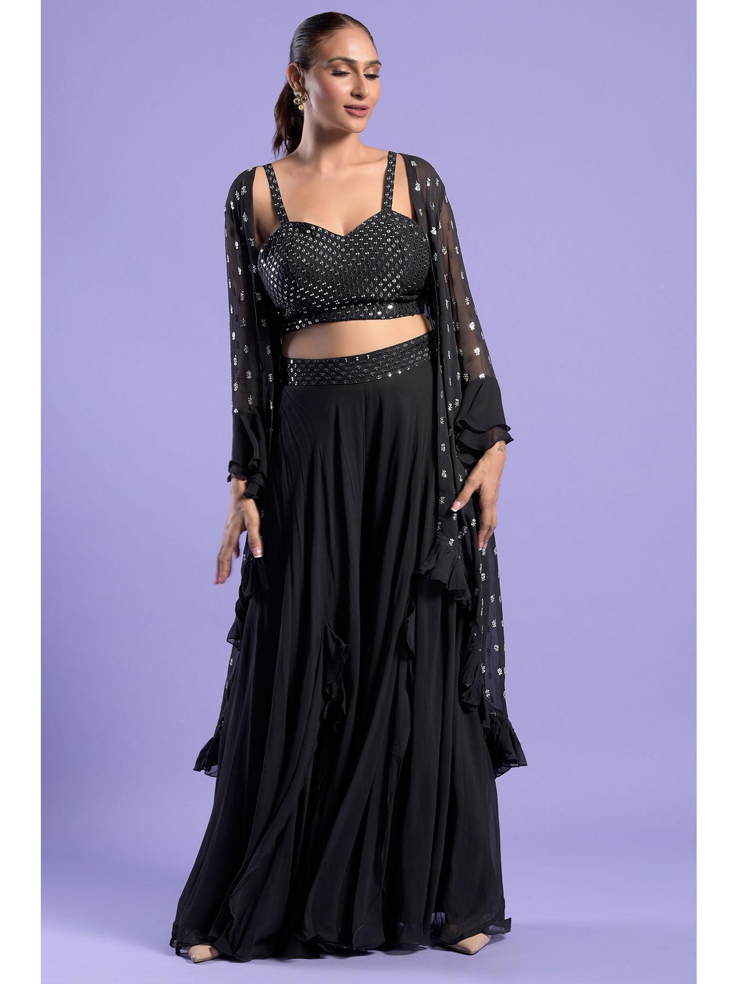 black georgette embellished cape with bustier & palazzo (set of 3)