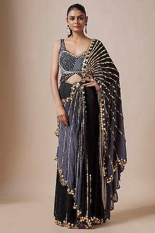 black georgette embellished pre-draped saree set