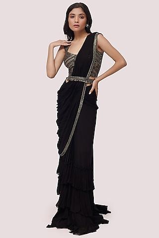 black georgette embellished pre-stitched saree set