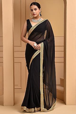black georgette embellished saree set
