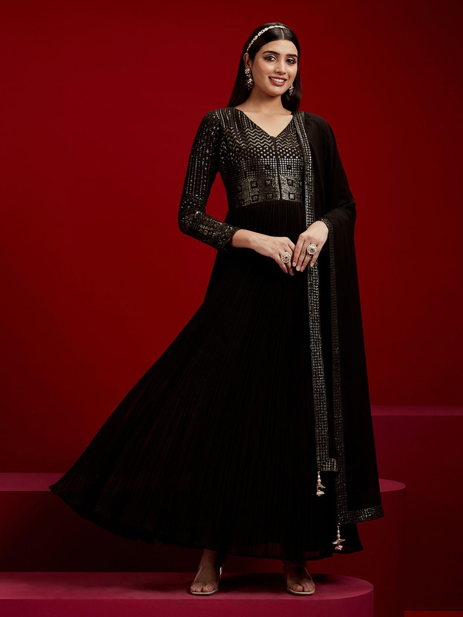 black georgette embroidered and zari work kurta with trousers & dupatta (set of 3)