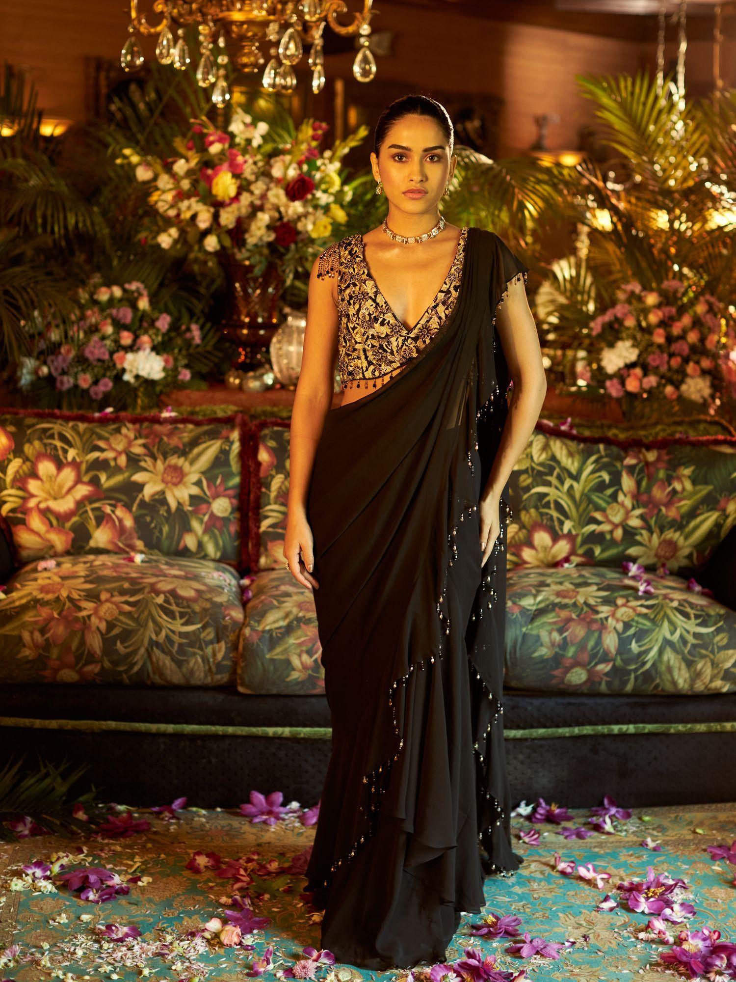 black georgette embroidered drape saree with stitched blouse