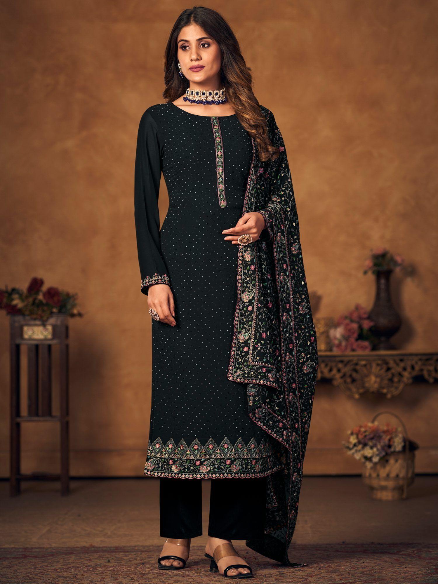 black georgette embroidered dress material (set of 3)