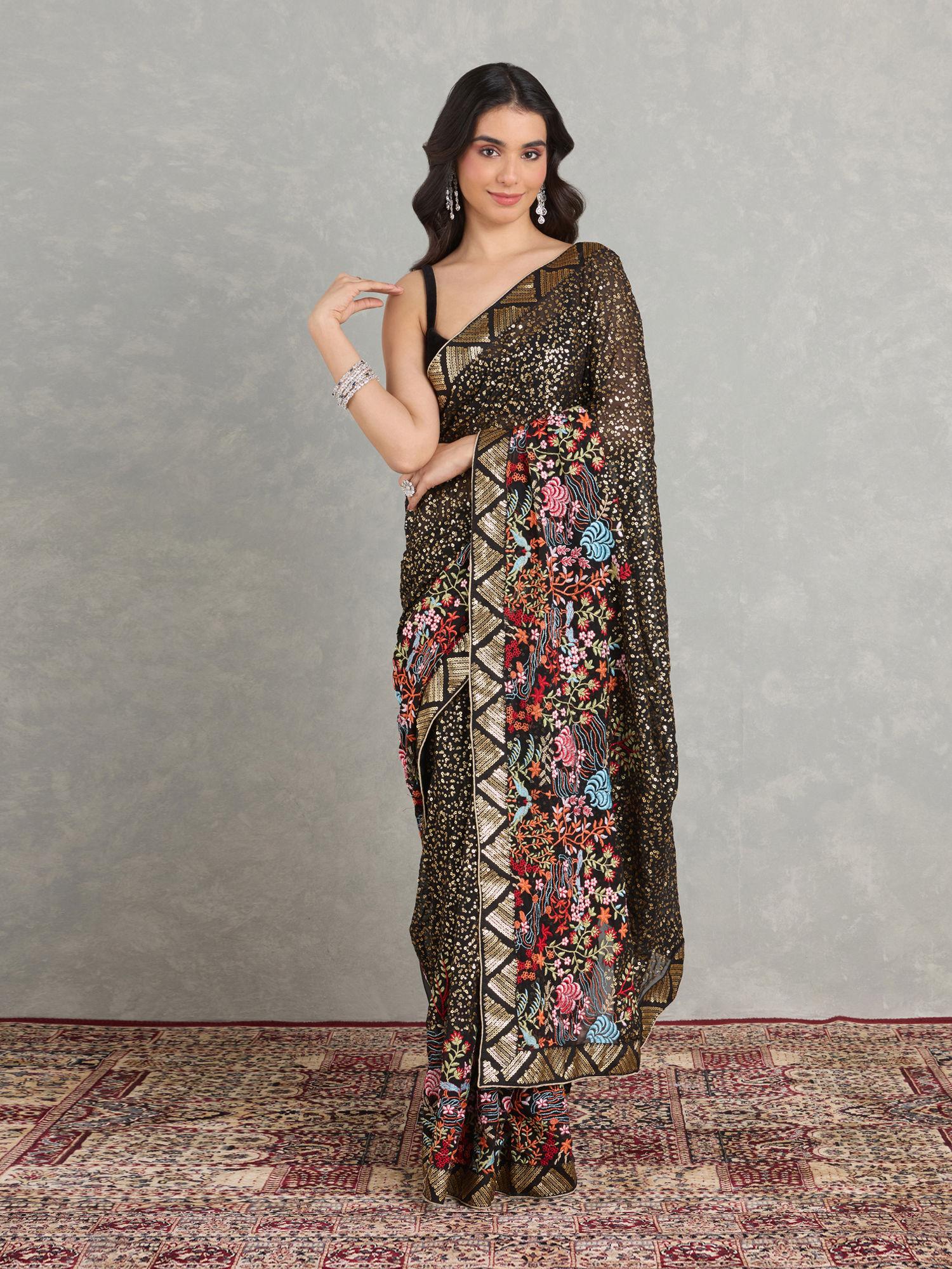 black georgette embroidered heavy border thread work party saree with unstitched blouse