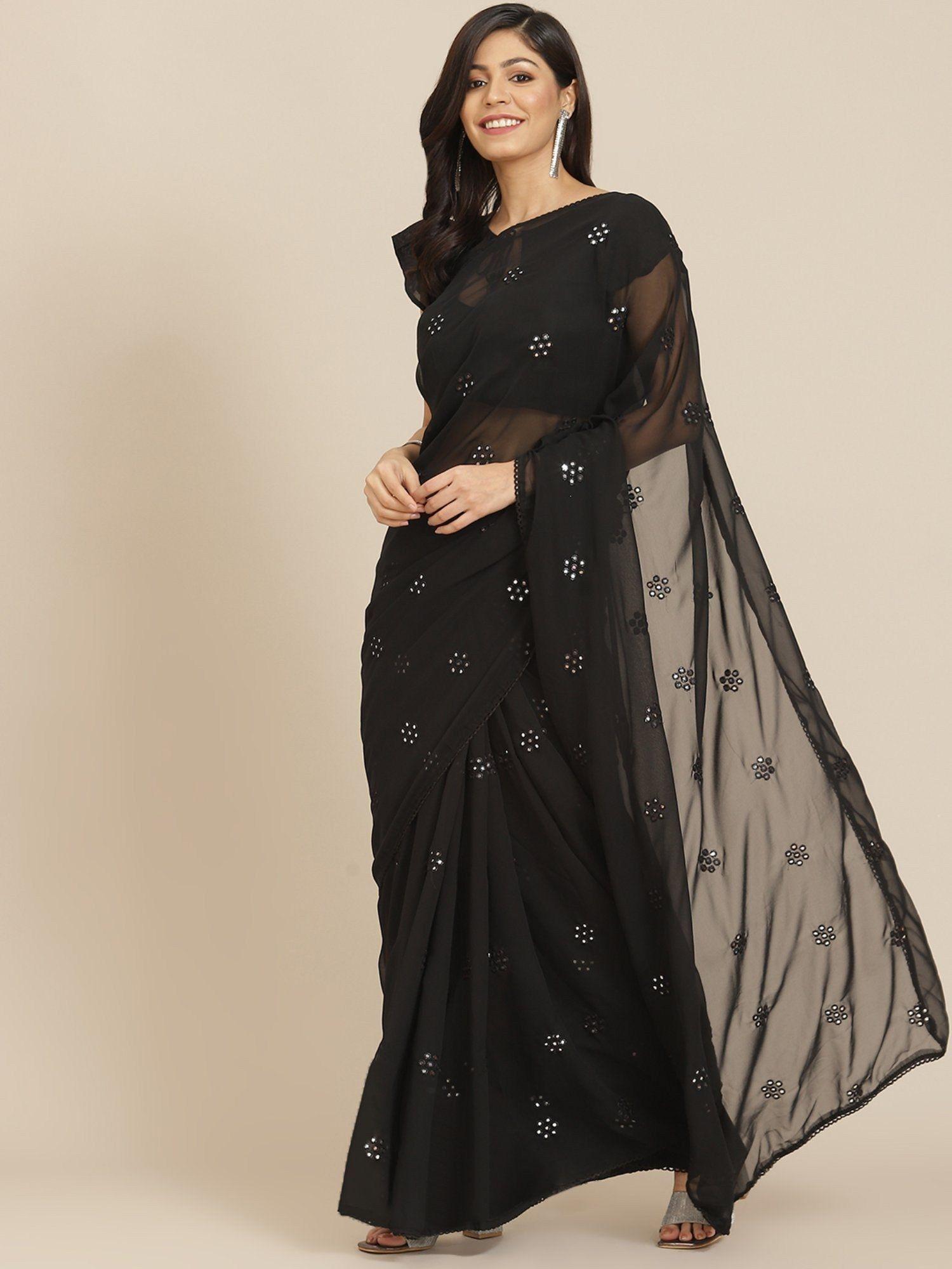 black georgette embroidered mirror-work saree with unstitched blouse