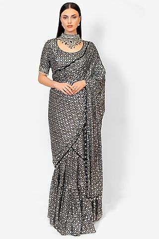 black georgette embroidered pre-stitched saree set