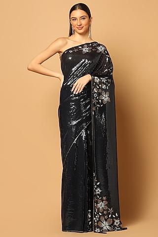 black georgette embroidered saree set