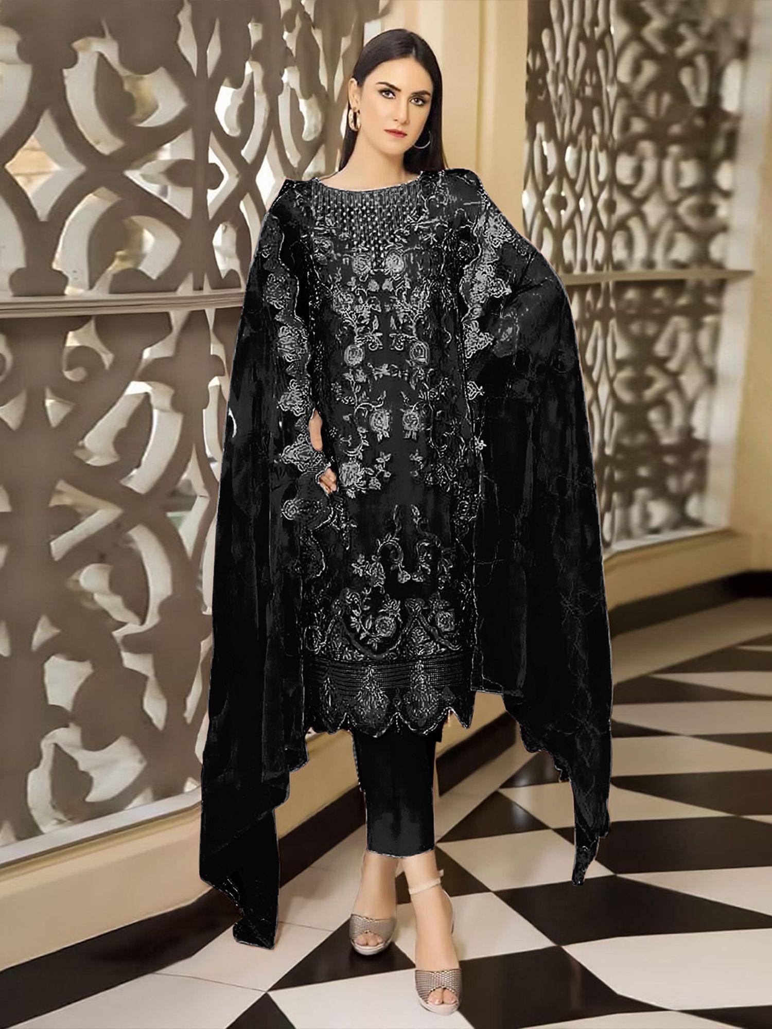 black georgette embroidered semi stitched kurta with bottom & dupatta (set of 3)