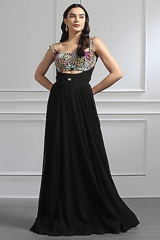 black georgette floral embellished draped gown