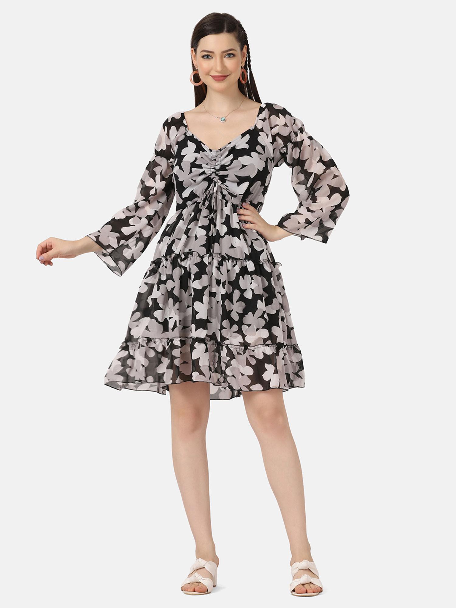 black georgette floral print women short dress