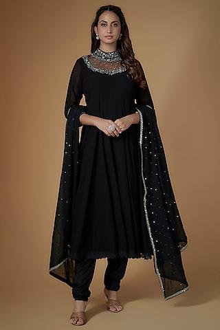 black georgette glass beads embroidered anarkali set