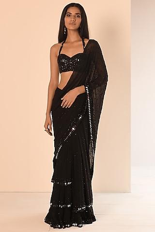 black georgette hand embroidered saree set