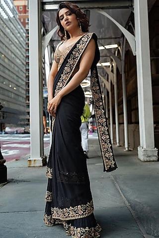 black georgette hand embroidered saree set