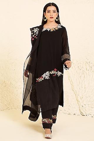 black georgette hand embroidered straight kurta set