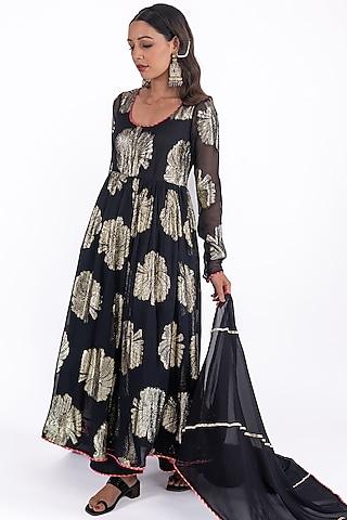 black georgette jacquard kurta set