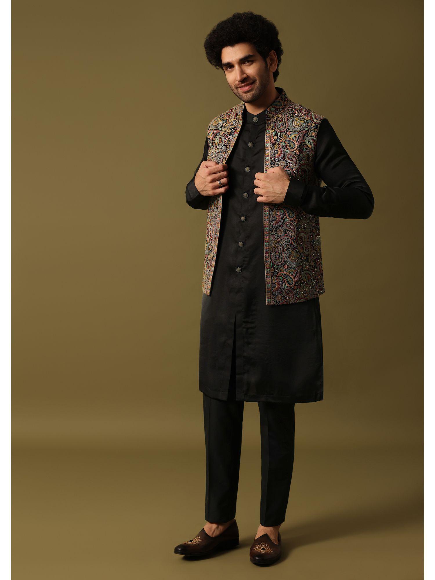 black georgette kurta with jacket and pant for men (set of 3)