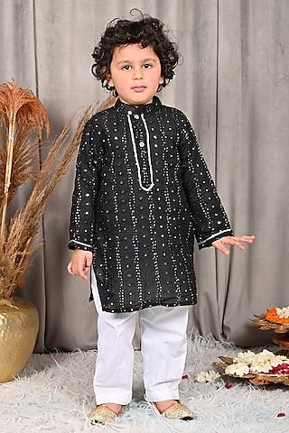 black georgette mirror & thread embroidered kurta set for boys