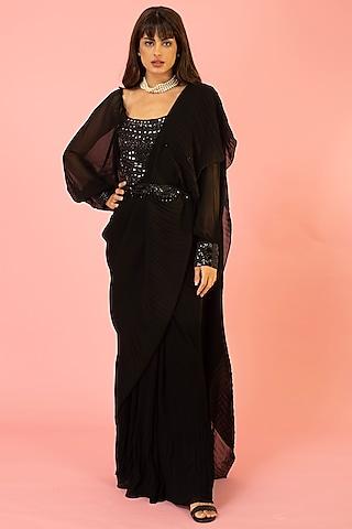 black georgette pre-draped pleated saree set