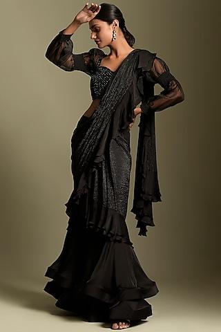 black georgette pre-draped saree set