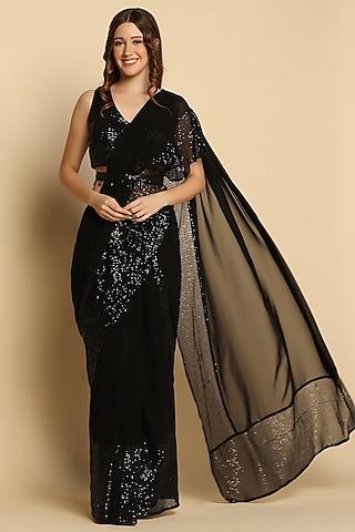 black georgette pre-draped saree set