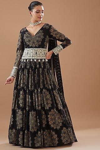 black georgette printed anarkali set