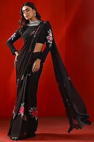 black georgette printed lehenga saree set