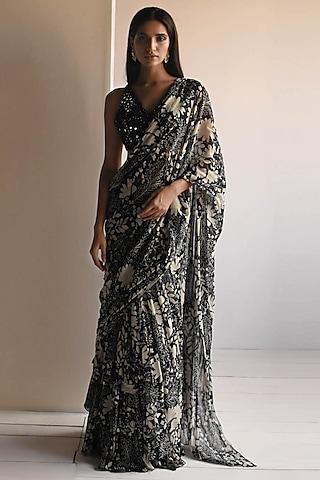 black georgette printed ruffle saree set