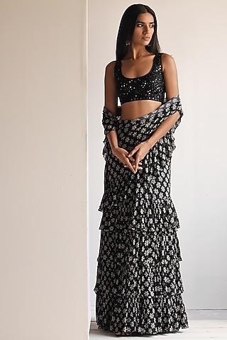 black georgette printed ruffle saree set