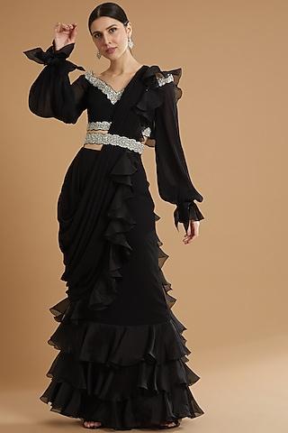 black georgette ruffled draped saree set