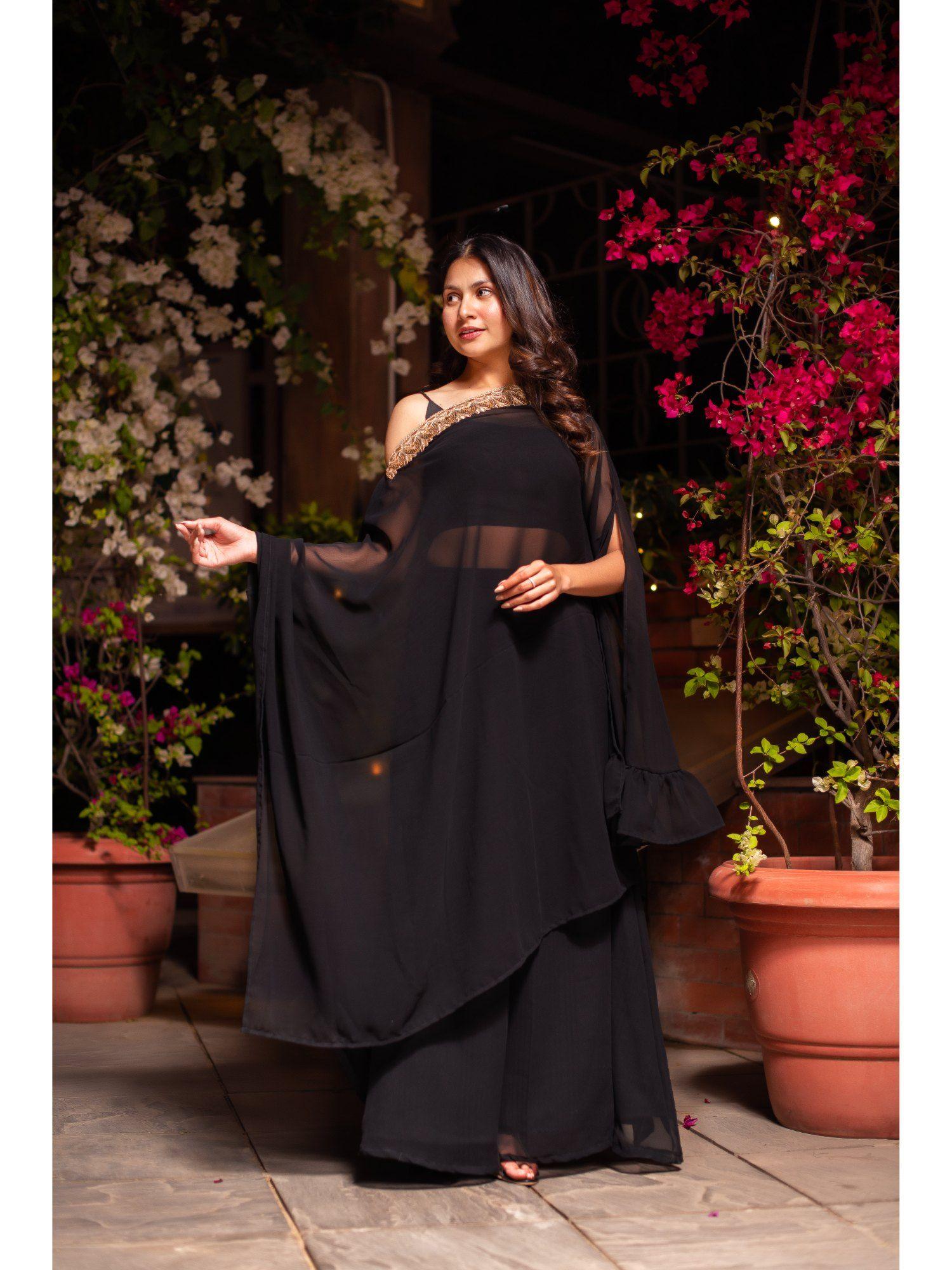 black georgette sequined kaftan kurta with top & sharara (set of 3)