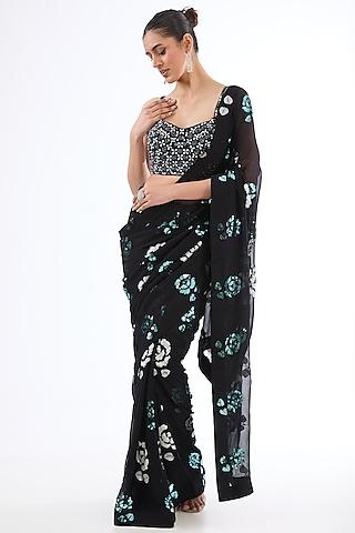 black georgette sequins floral embroidered saree set