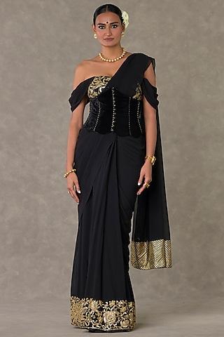 black georgette sitara work pre-stitched saree set