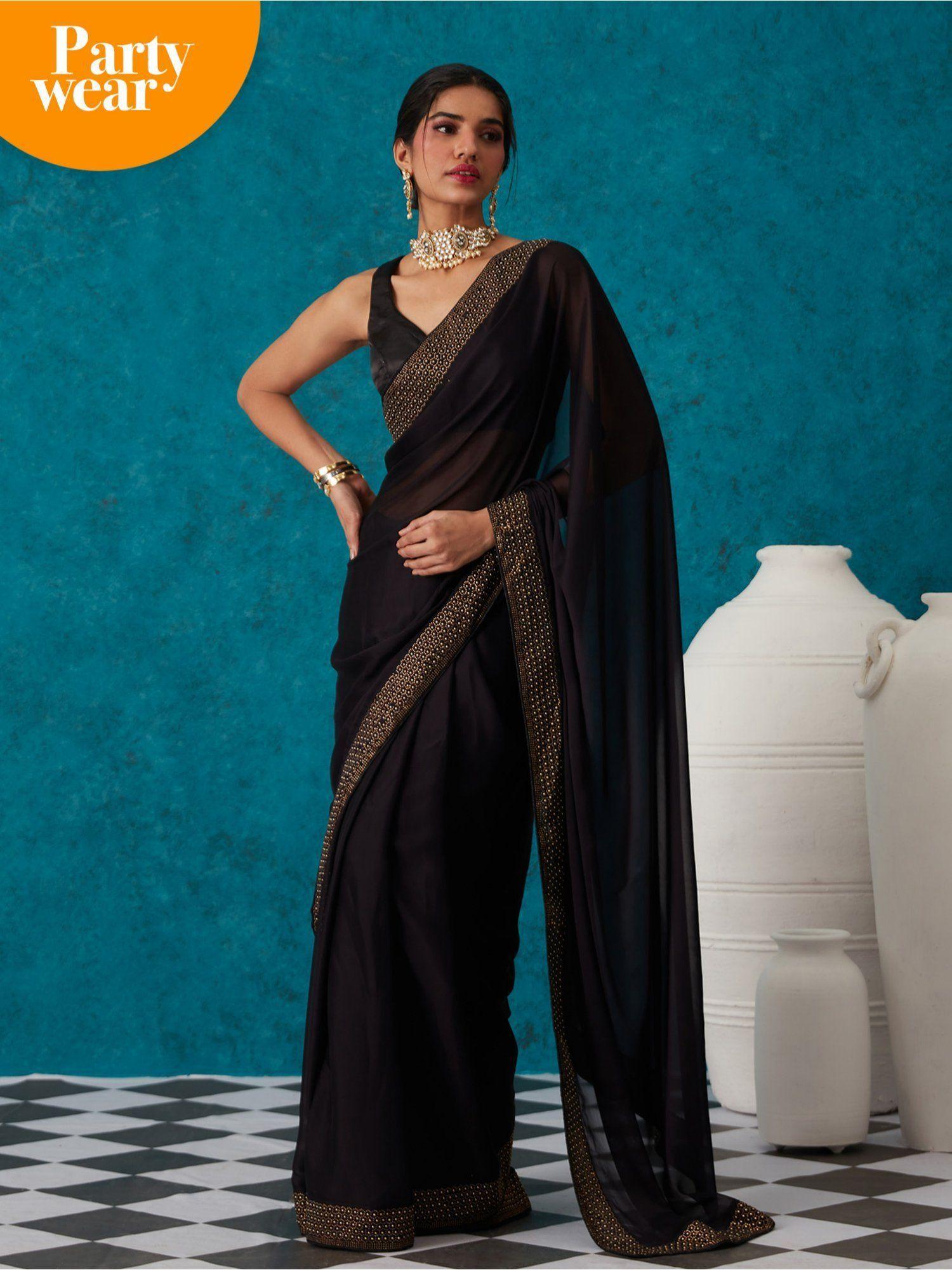 black georgette solid embellished & sequined saree with unstitched blouse liksar17 (free size)