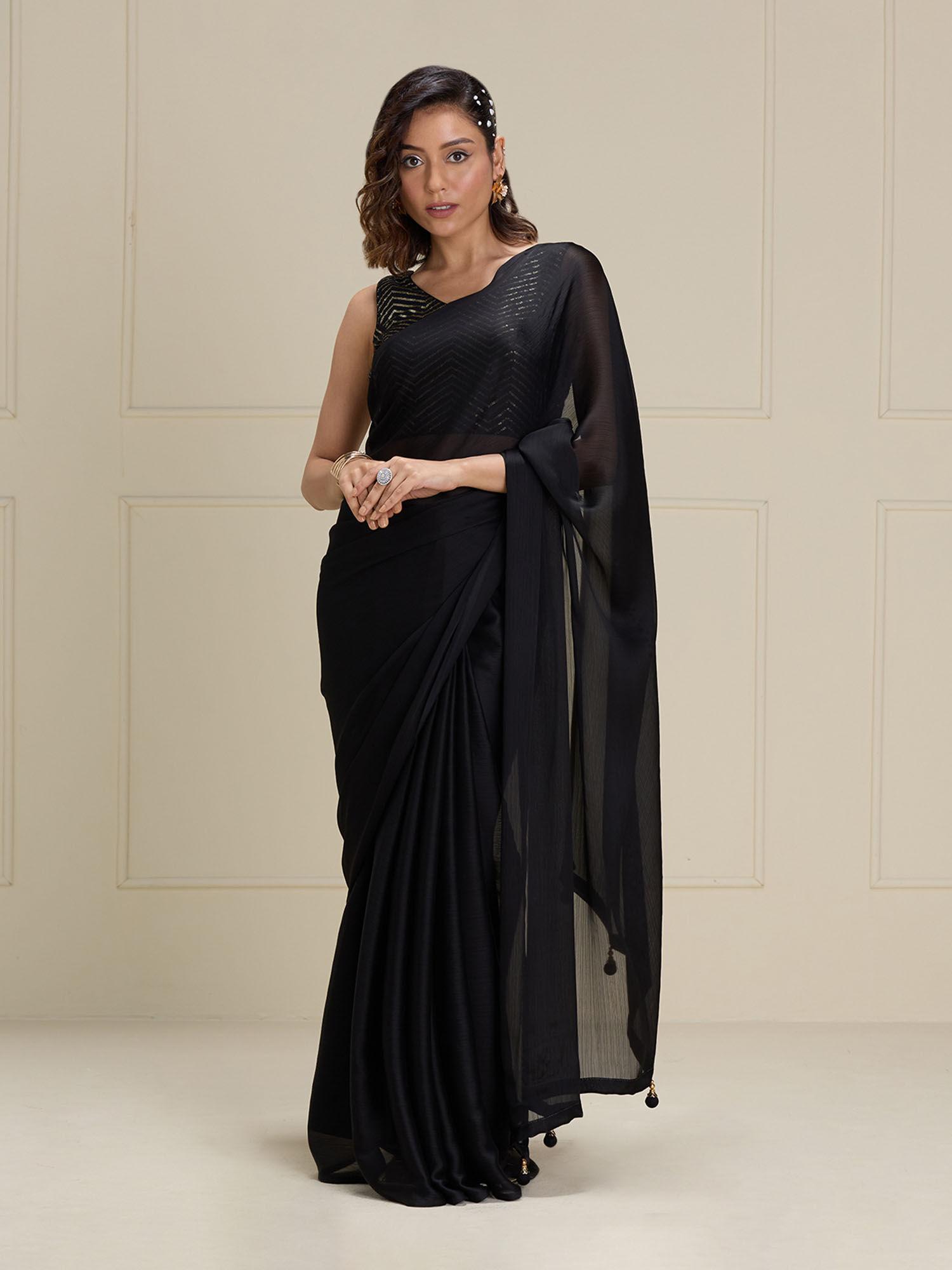 black georgette solid-plain with tassels party wear saree with unstitched blouse