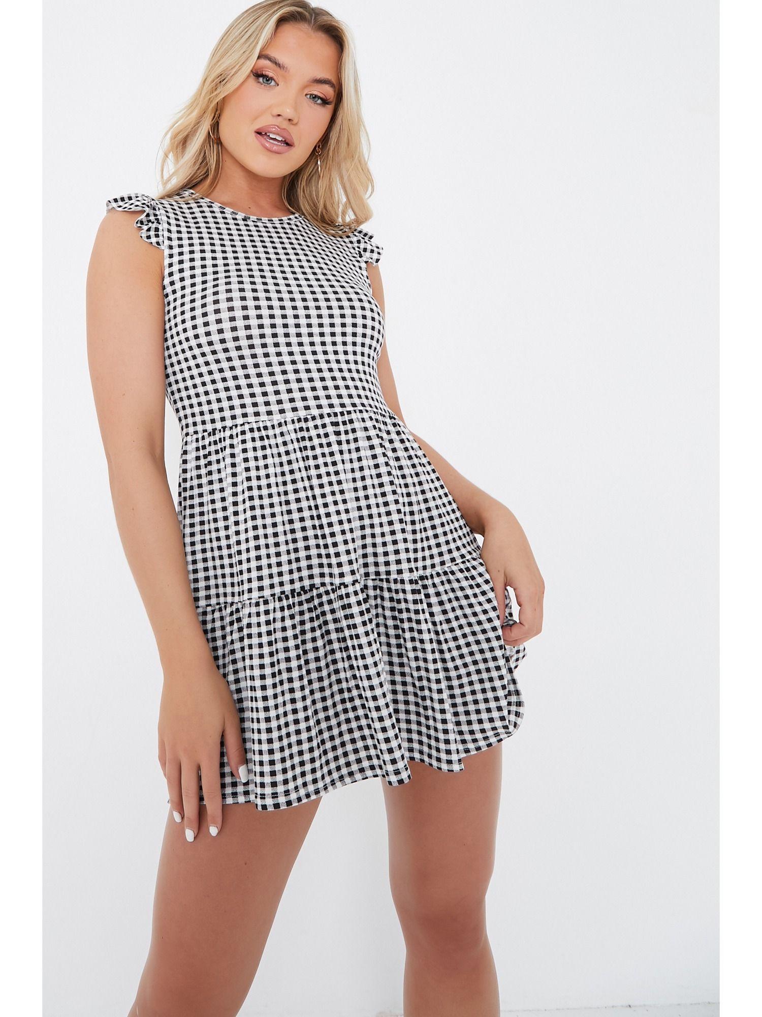 black gingham jersey frill smock dress