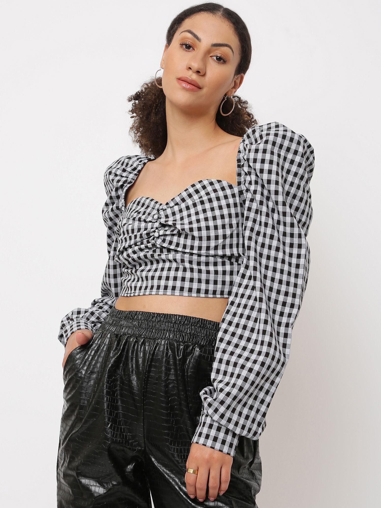 black gingham puff sleeve corset top