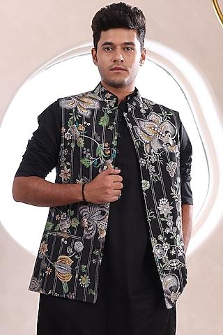 black glace cotton & moss crepe printed bundi jacket