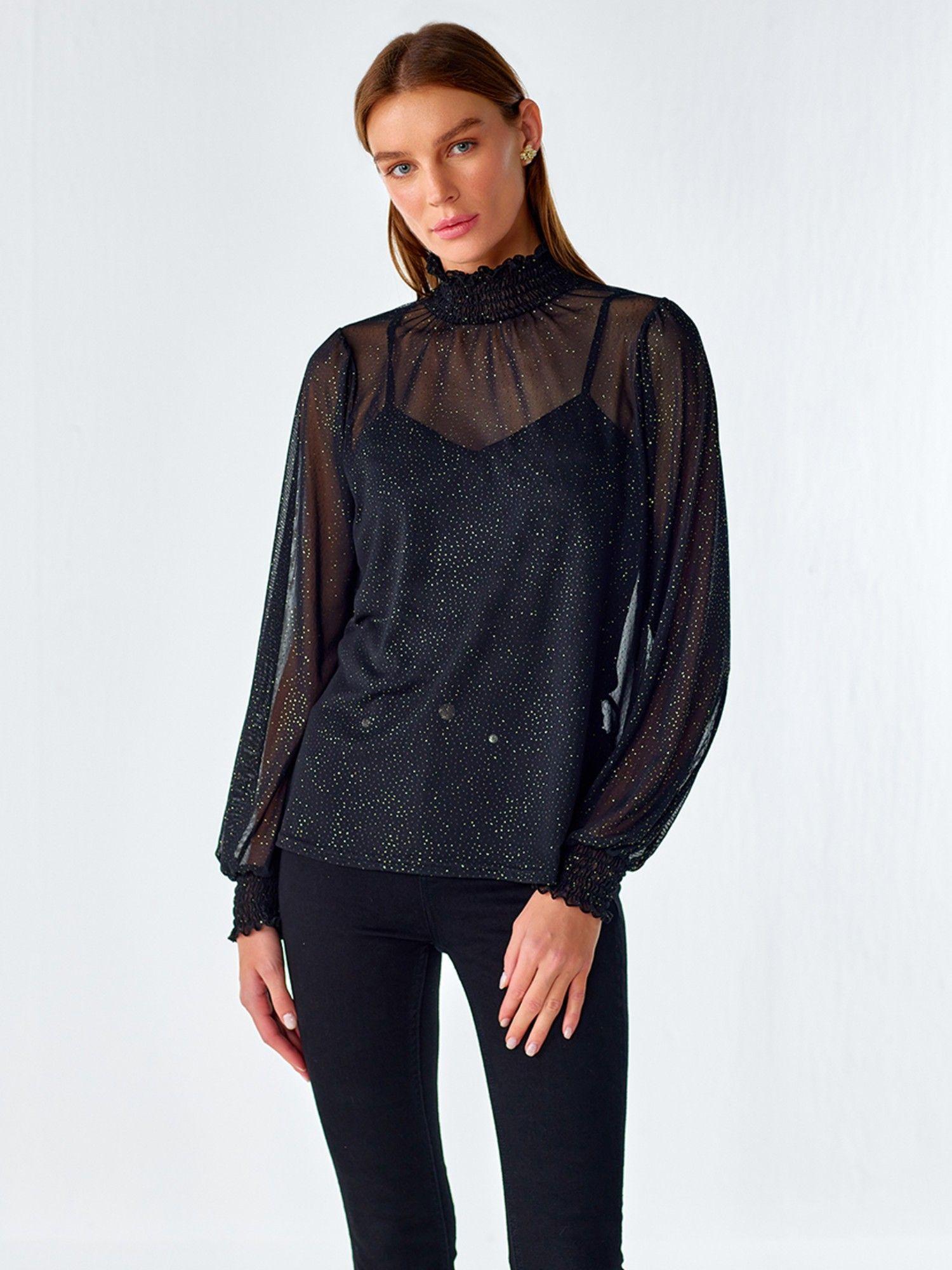 black glitter mesh shell top