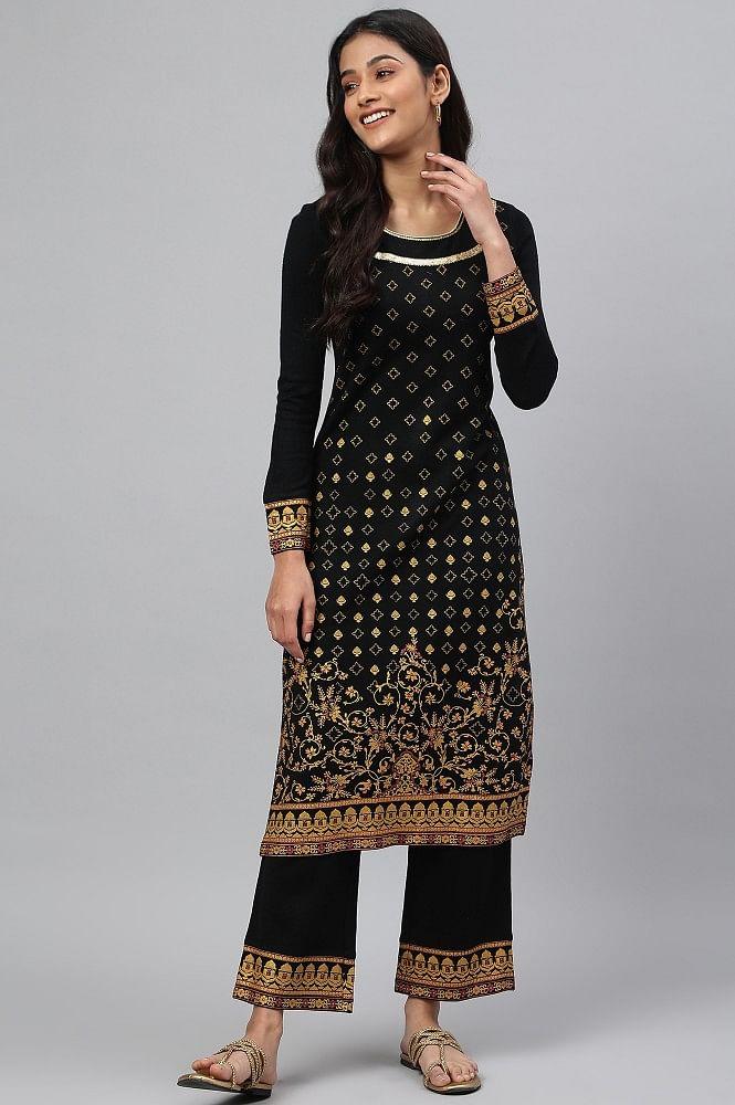 black gold printed festive winter kurta and pants set