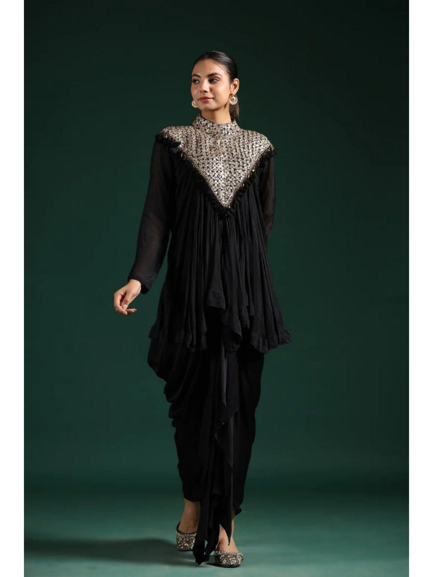 black gota embroidered chinon silk draped skirt & tunic (set of 2)