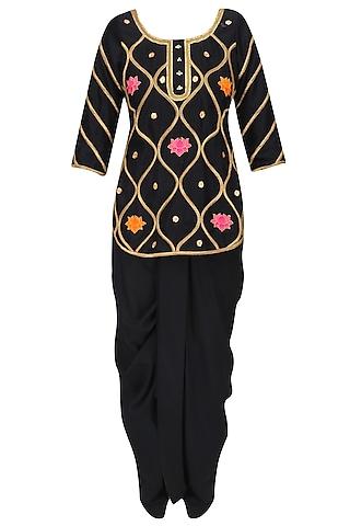 black gota patti and lotus motifs short kurta and dhoti pants set