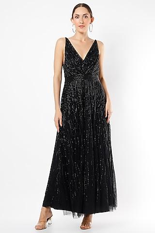 black gown with beaded detailing