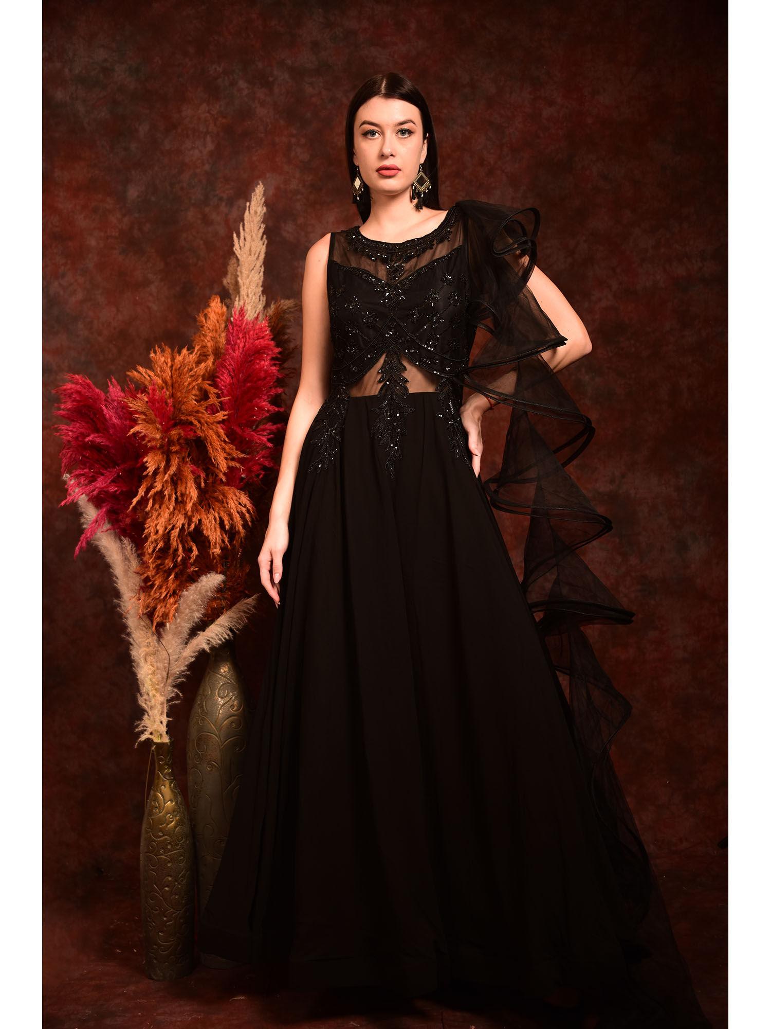 black gown with one side ruffle sleeves