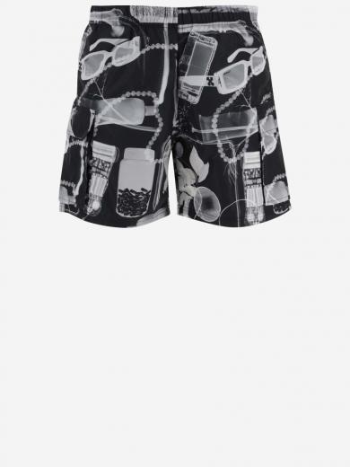 black graphic pattern swim shorts