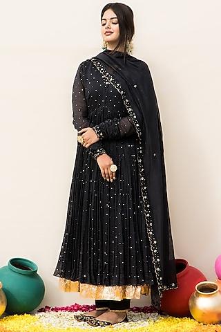 black green mul chanderi embellished anarkali set